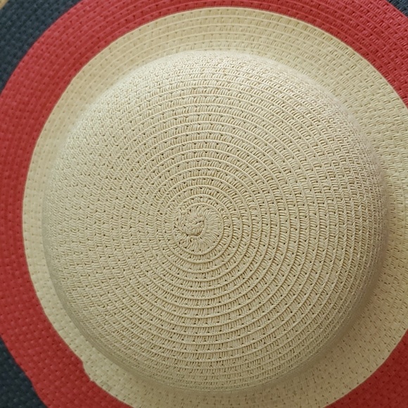 5" Wide Brim Straw Beach Hat - Tan, Red &  Blue - Picture 8 of 10
